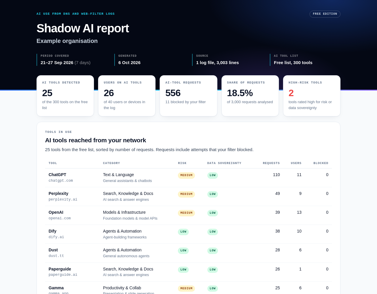 First screen of the example shadow AI report: summary tiles and the table of AI tools in use