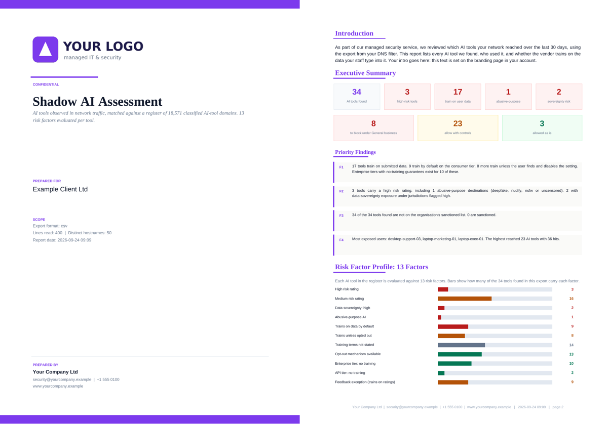 Cover and second page of a white-label Shadow AI Assessment PDF branded for a placeholder company, Your Company Ltd